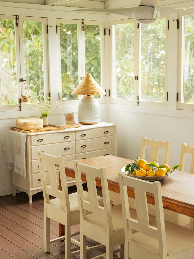 white dining room with dresser