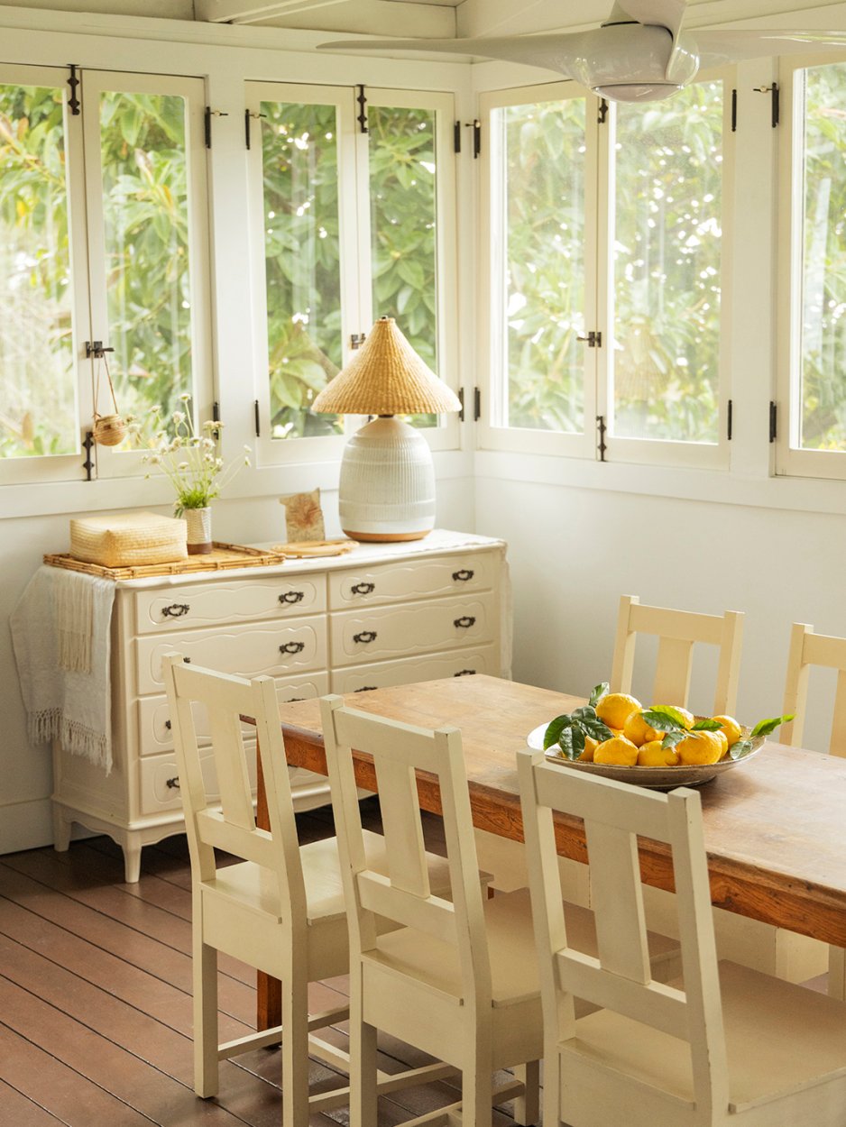 white dining room with dresser