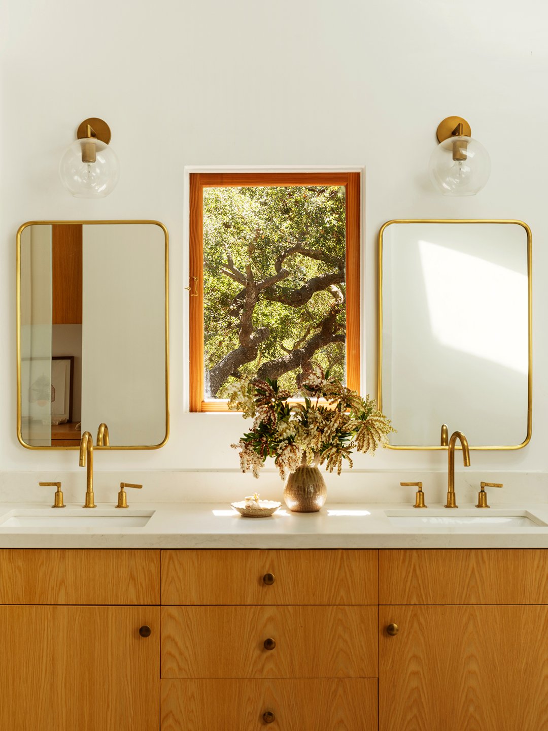oak vanity with white counter