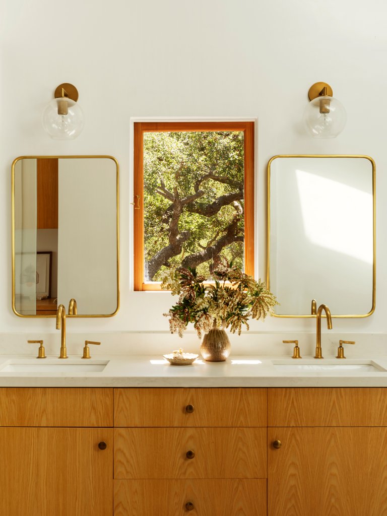 oak vanity with white counter