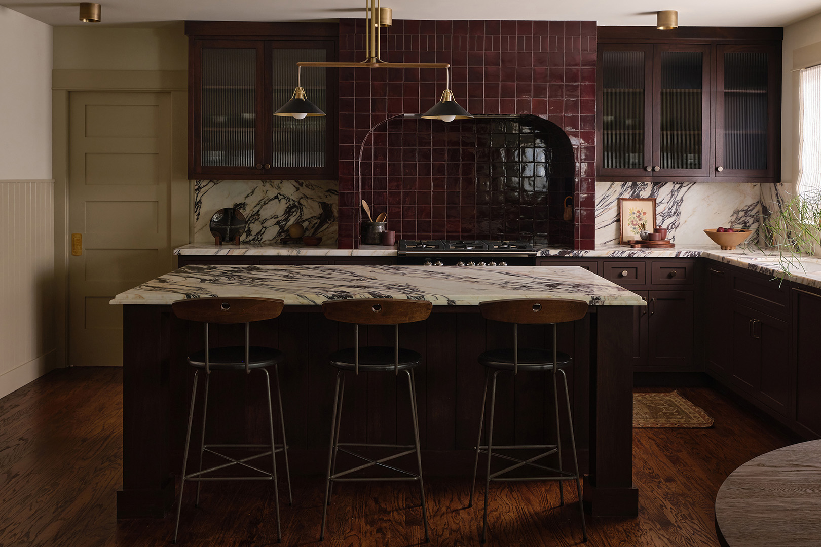 brown and burgundy kitchen