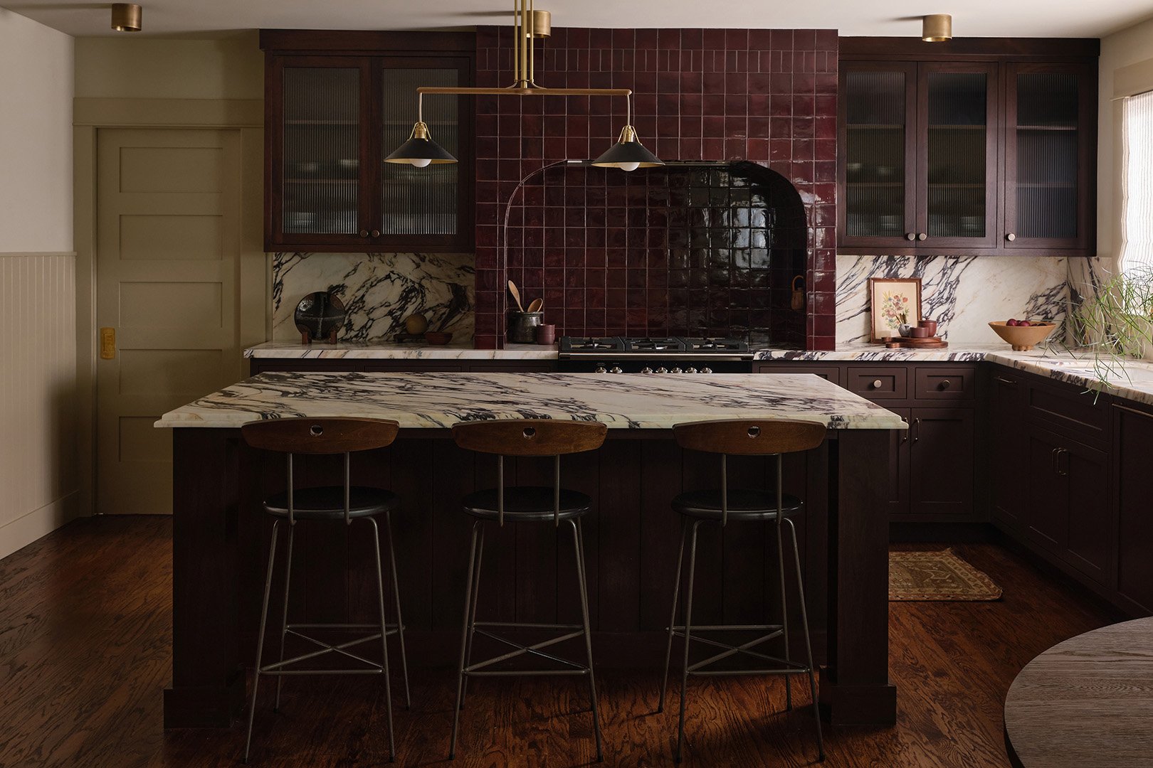 brown and burgundy kitchen