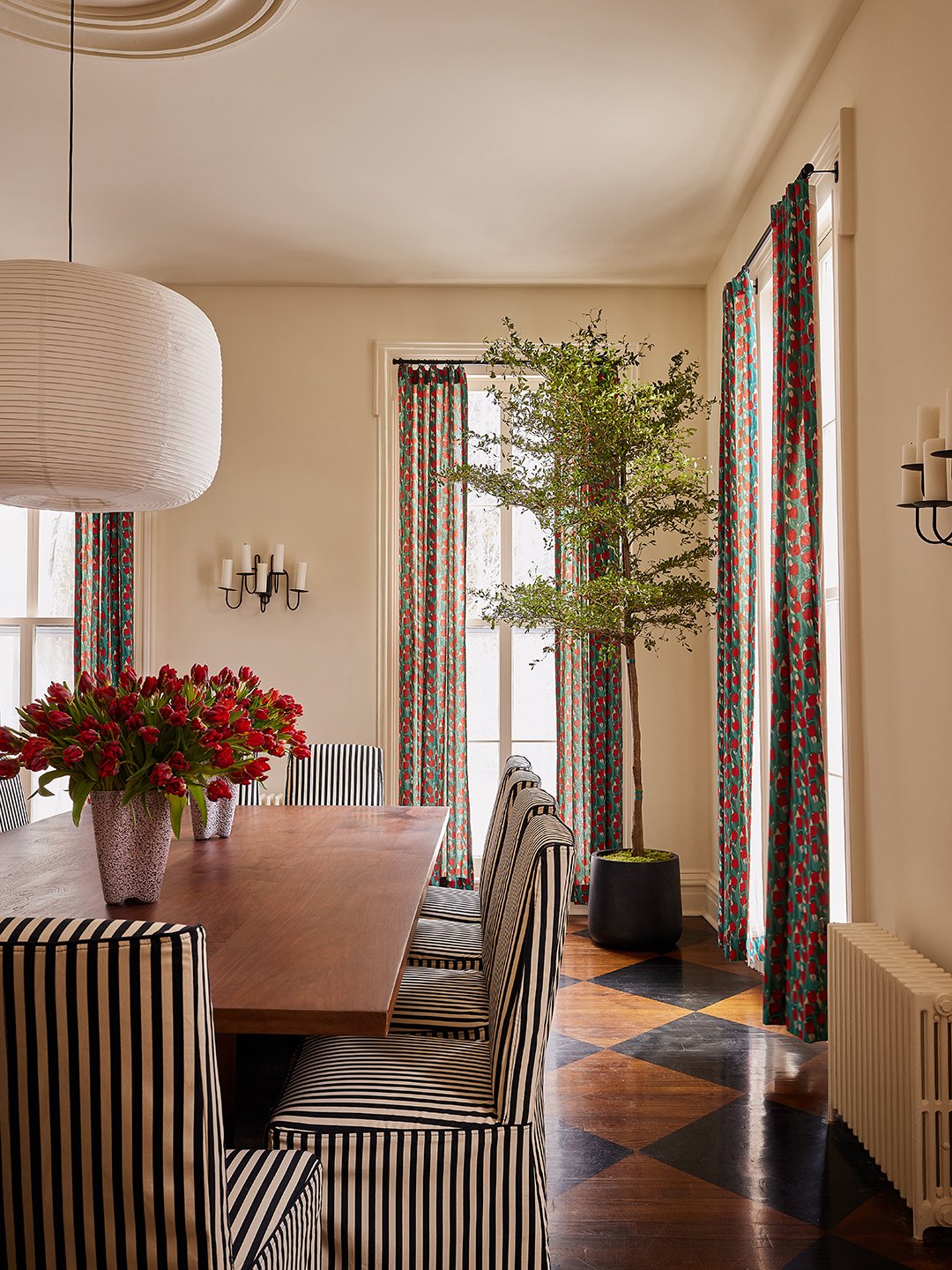 dining room with striped chairs