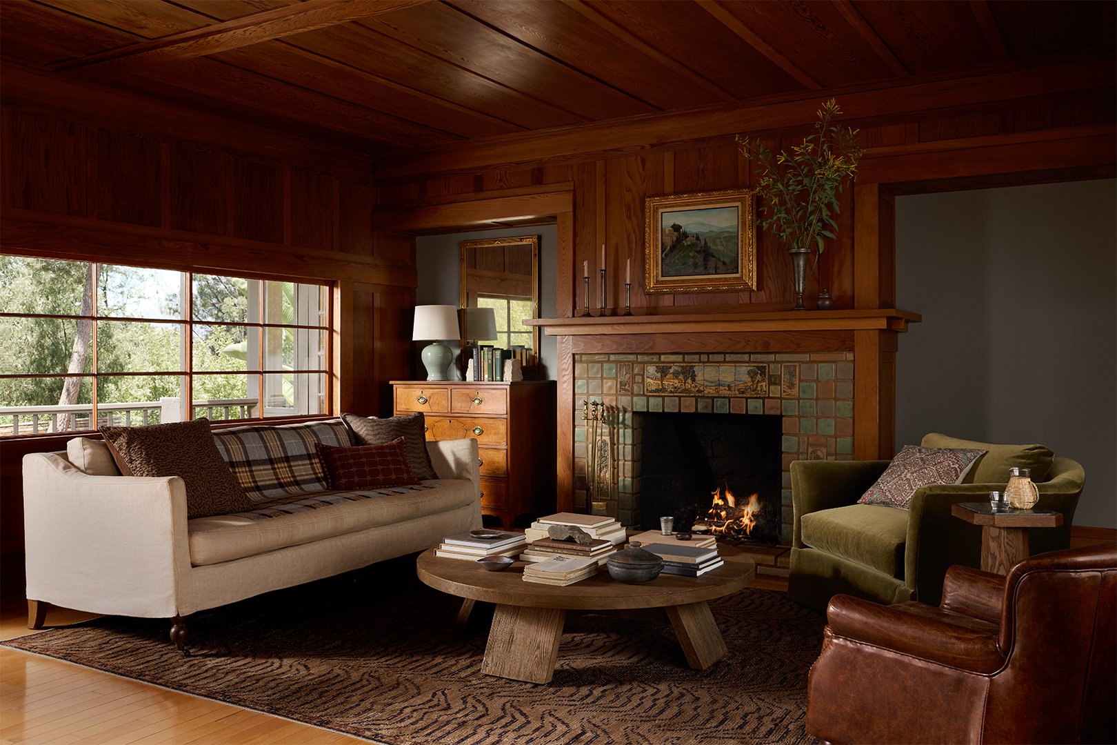 wood paneled living room