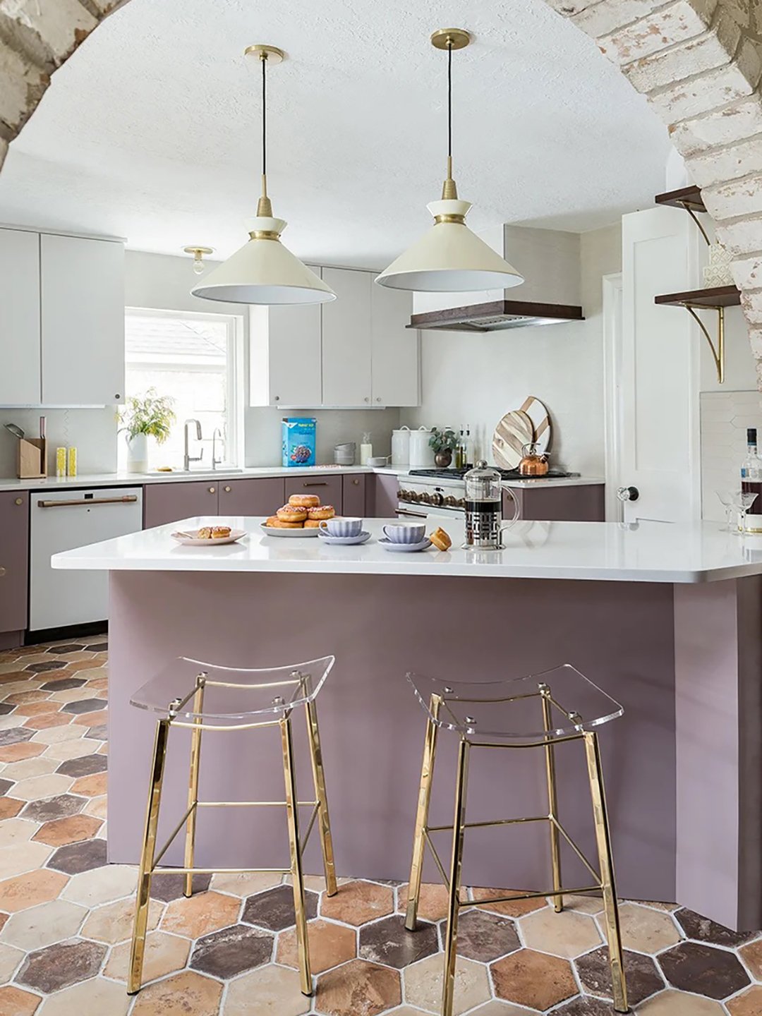 kitchen with purple lower cabinets