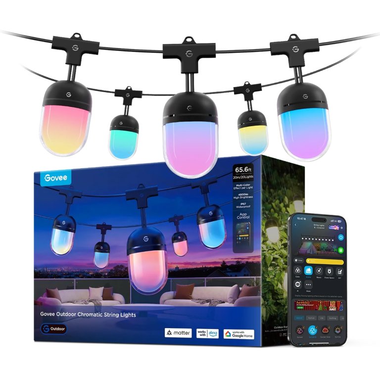 Outdoor lighting box with colorful string lights on white background.