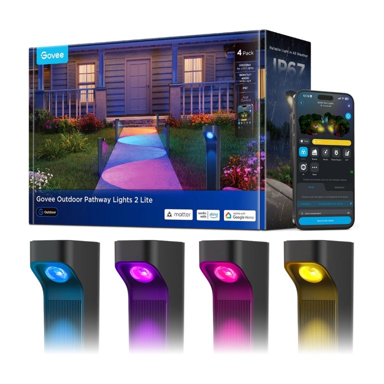 Outdoor lighting box with colorful slim pathway spotlights on white background.